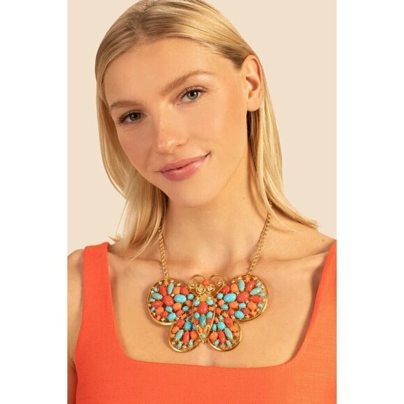 💕KENNETH JAY LANE💕 Coral Turquoise Butterfly Necklace NWOT - Picture 1 of 11
